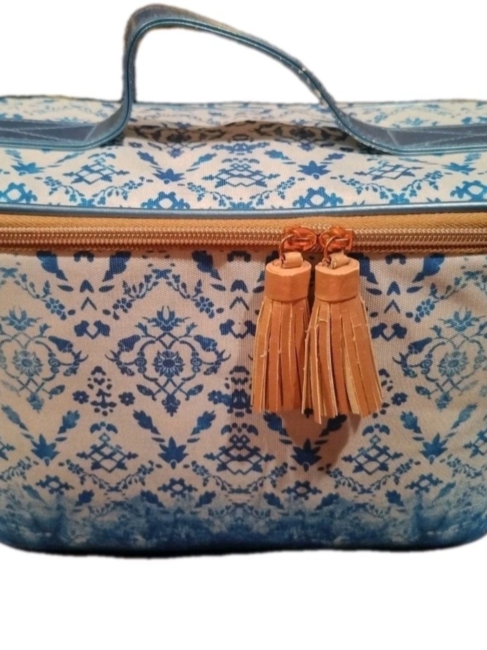 Patina Víe Blue Patterned Lunch Bag/Tote Case with Gold Tassel Accents
